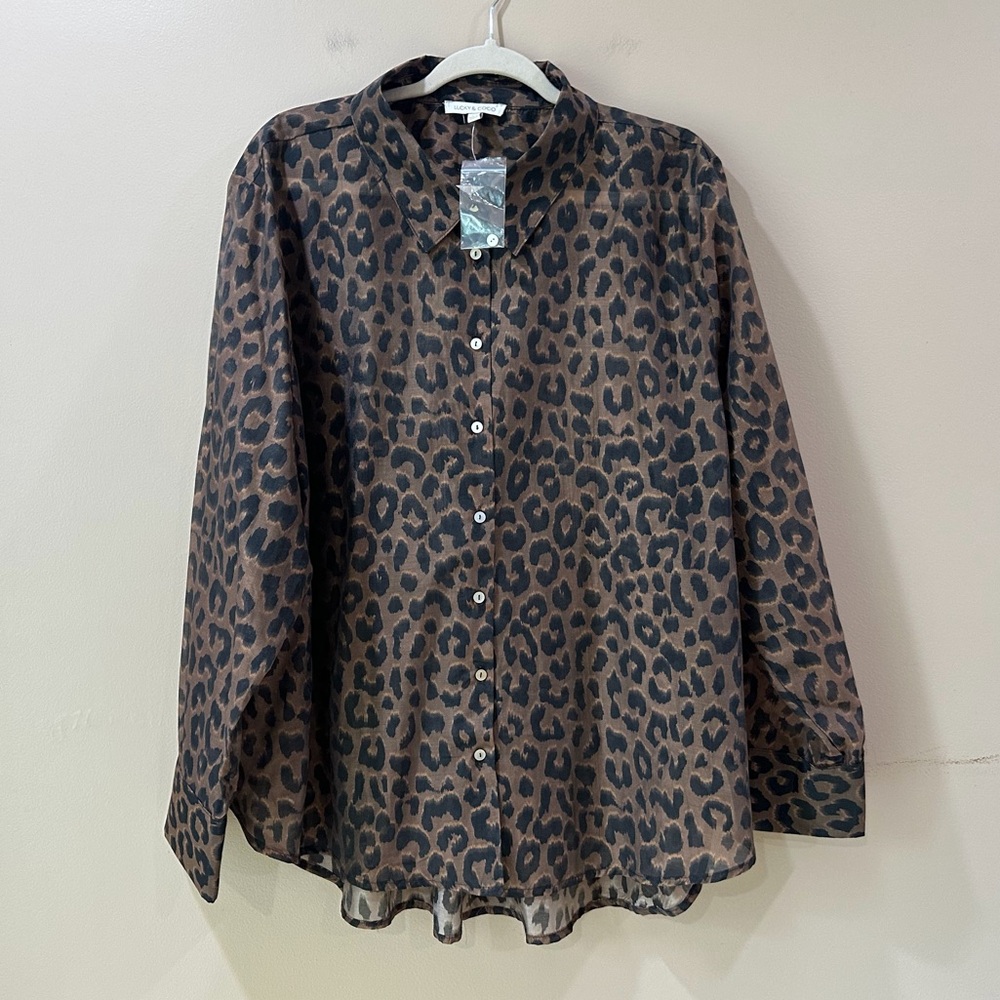 Lucky & Coco Leopard Animal Print Button Down Shirt Blouse Long Sleeve Plus 3X
